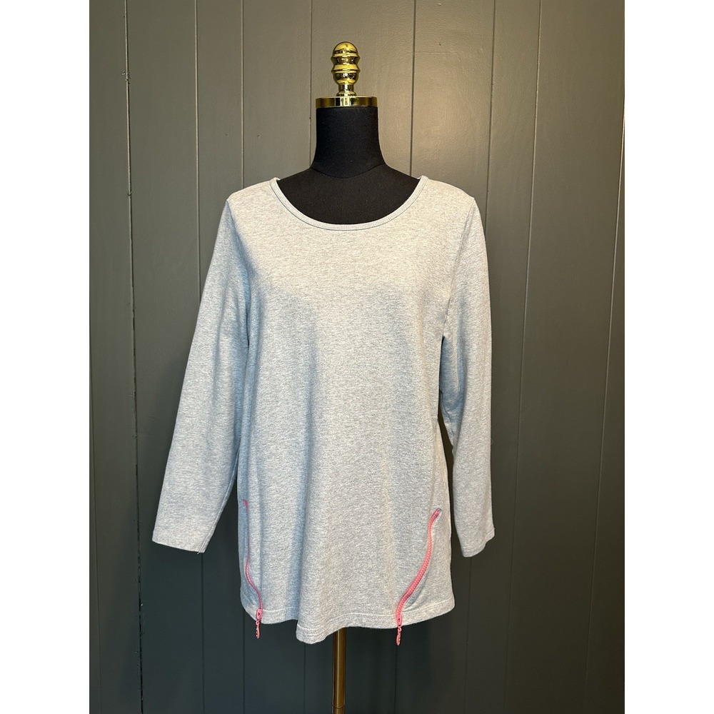 Quacker Factory Grey Pullover Sweater Pink Zipper Detailing L Large